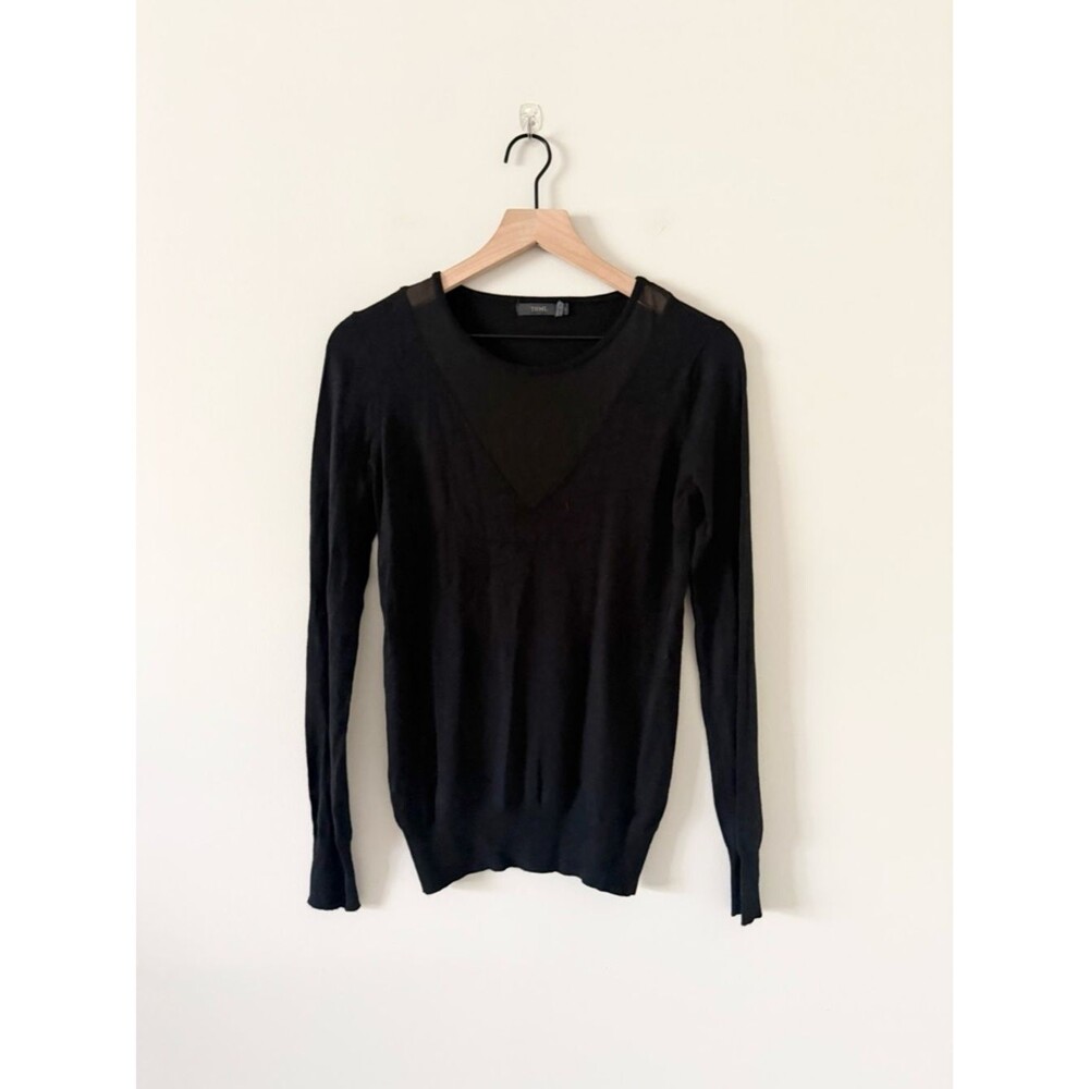 THML Black Sheer-Inset Scoop Neck Long Sleeve Sweater Size S